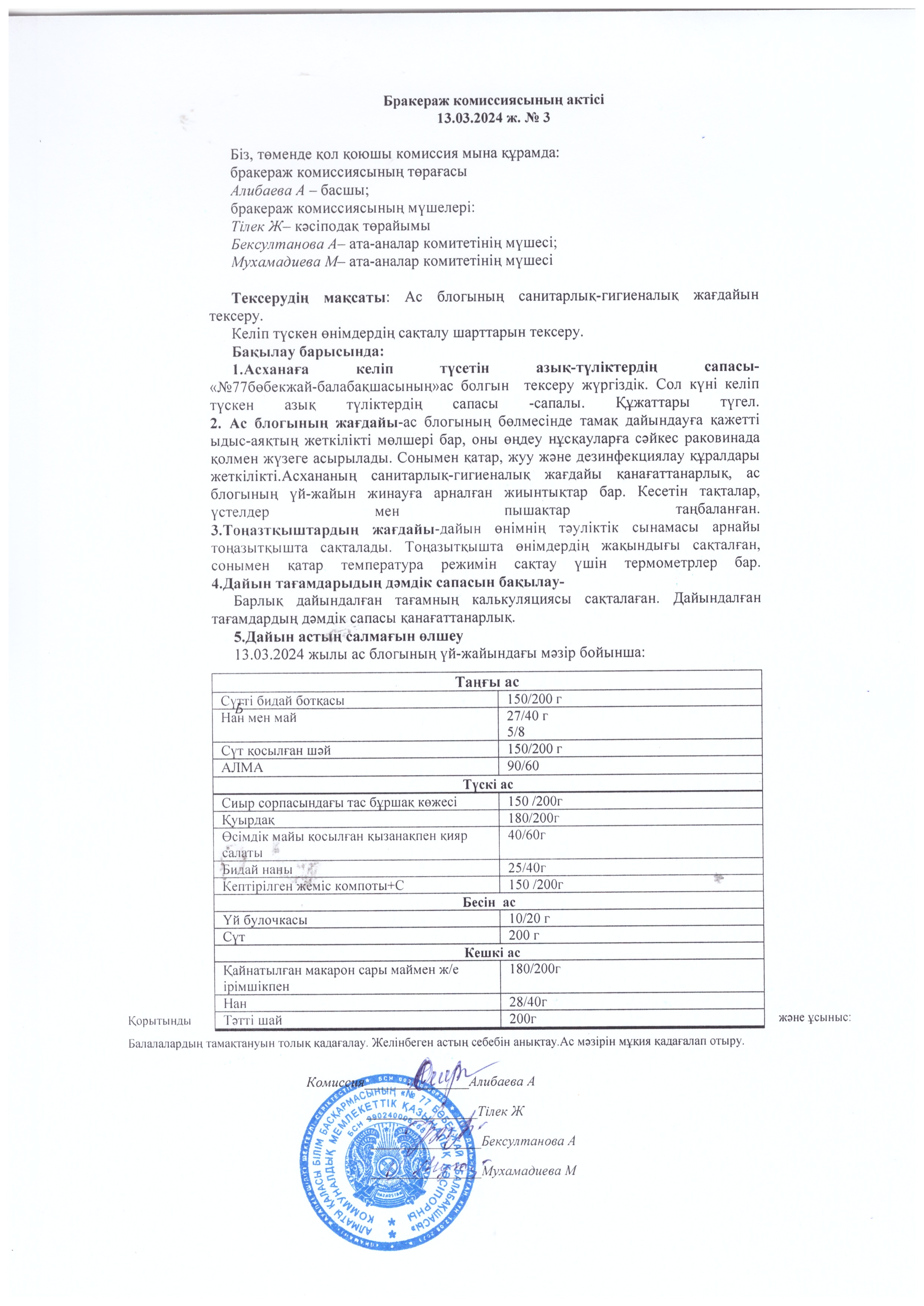 Бракераж актісі №3, хаттама №3