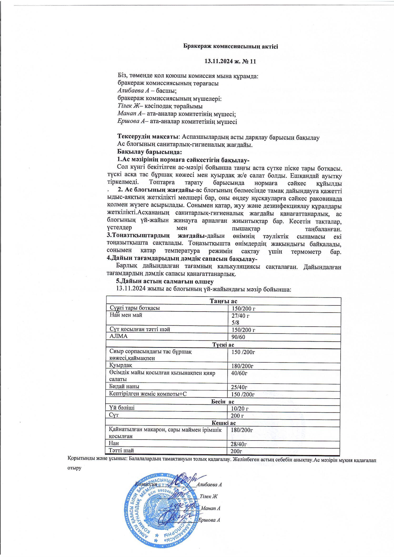 Бракераж актісі, Хаттама №11