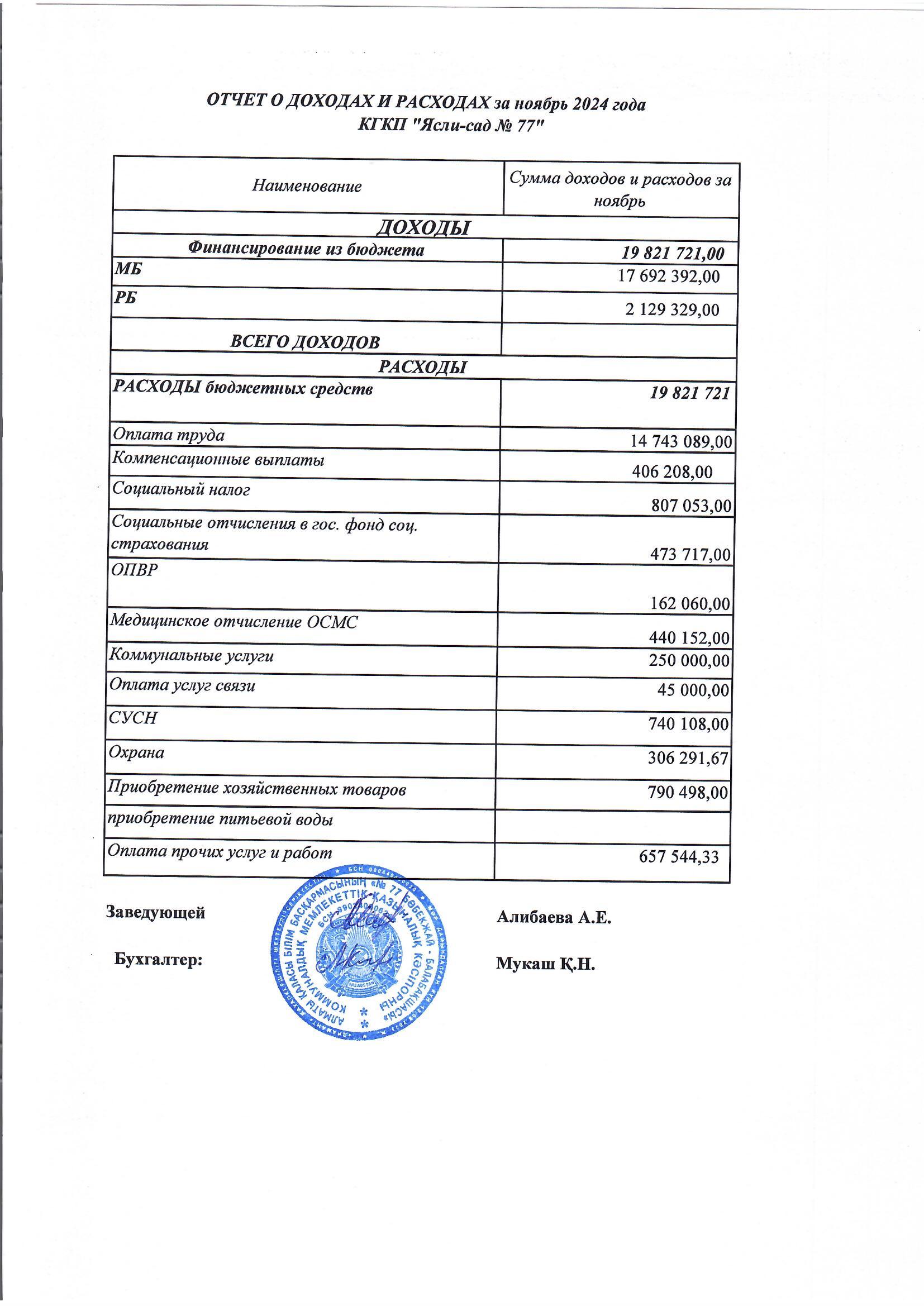 Отчет о доходах и расходах за 11.2024г