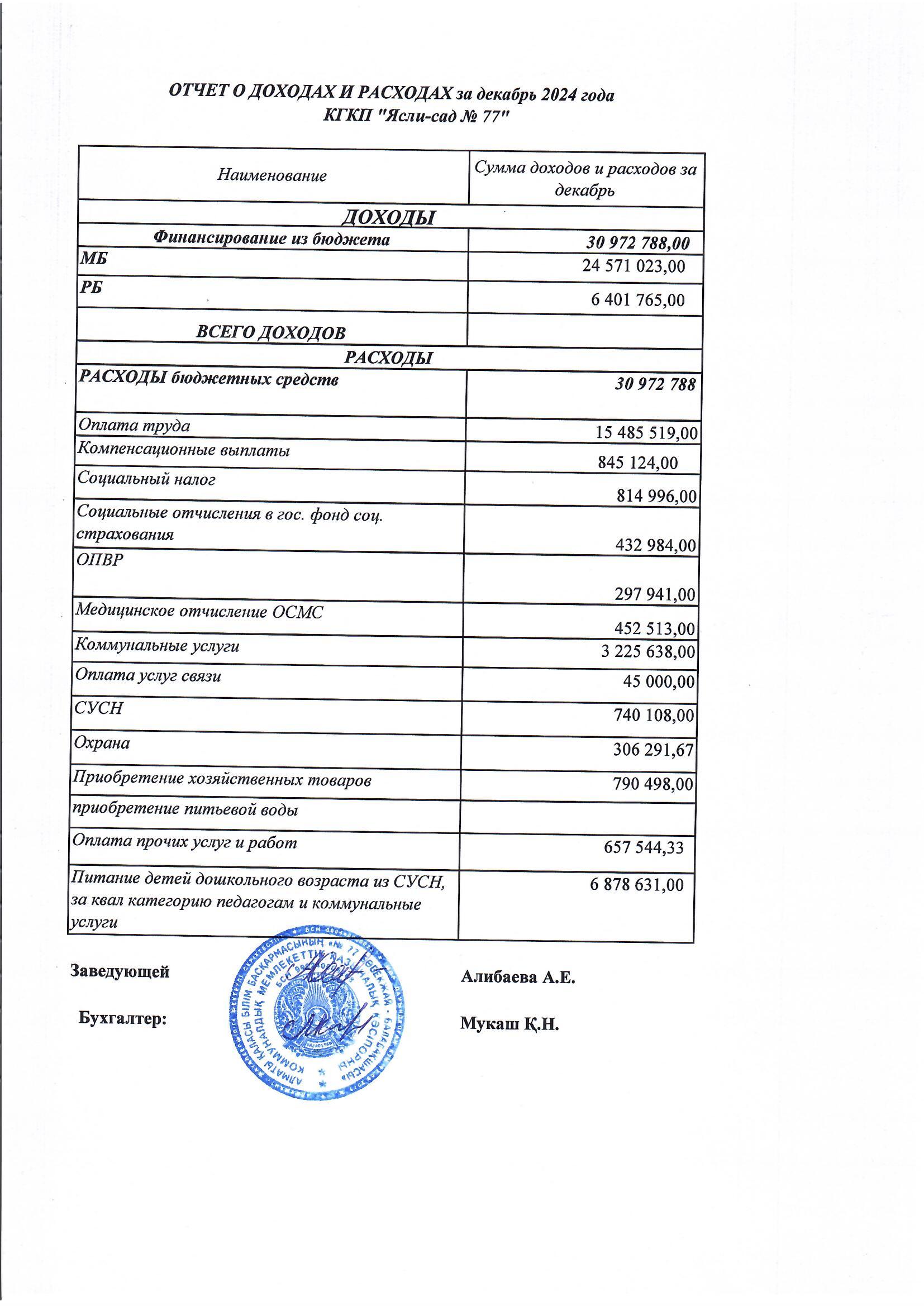 Отчет о доходах и расходах за 12.2024г