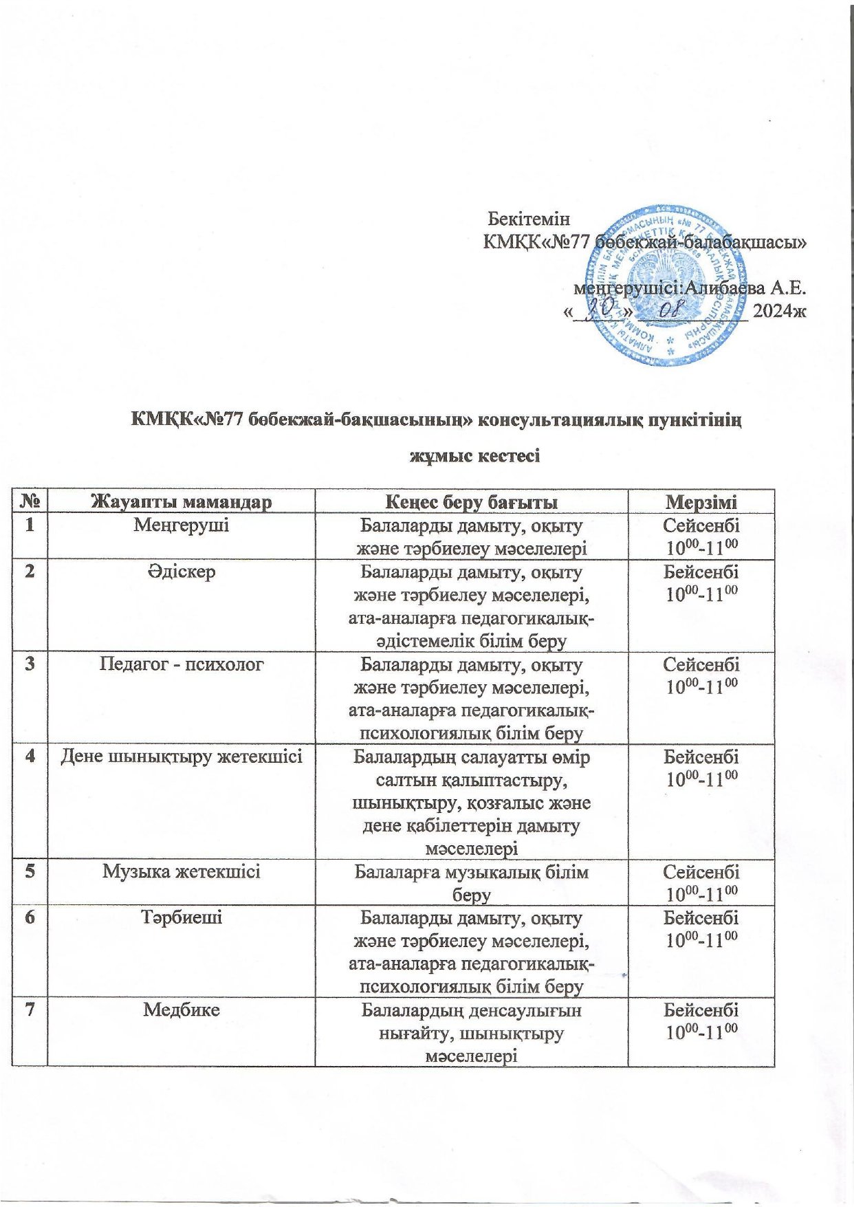 Консультативтік пунктің жұмыс кестесі