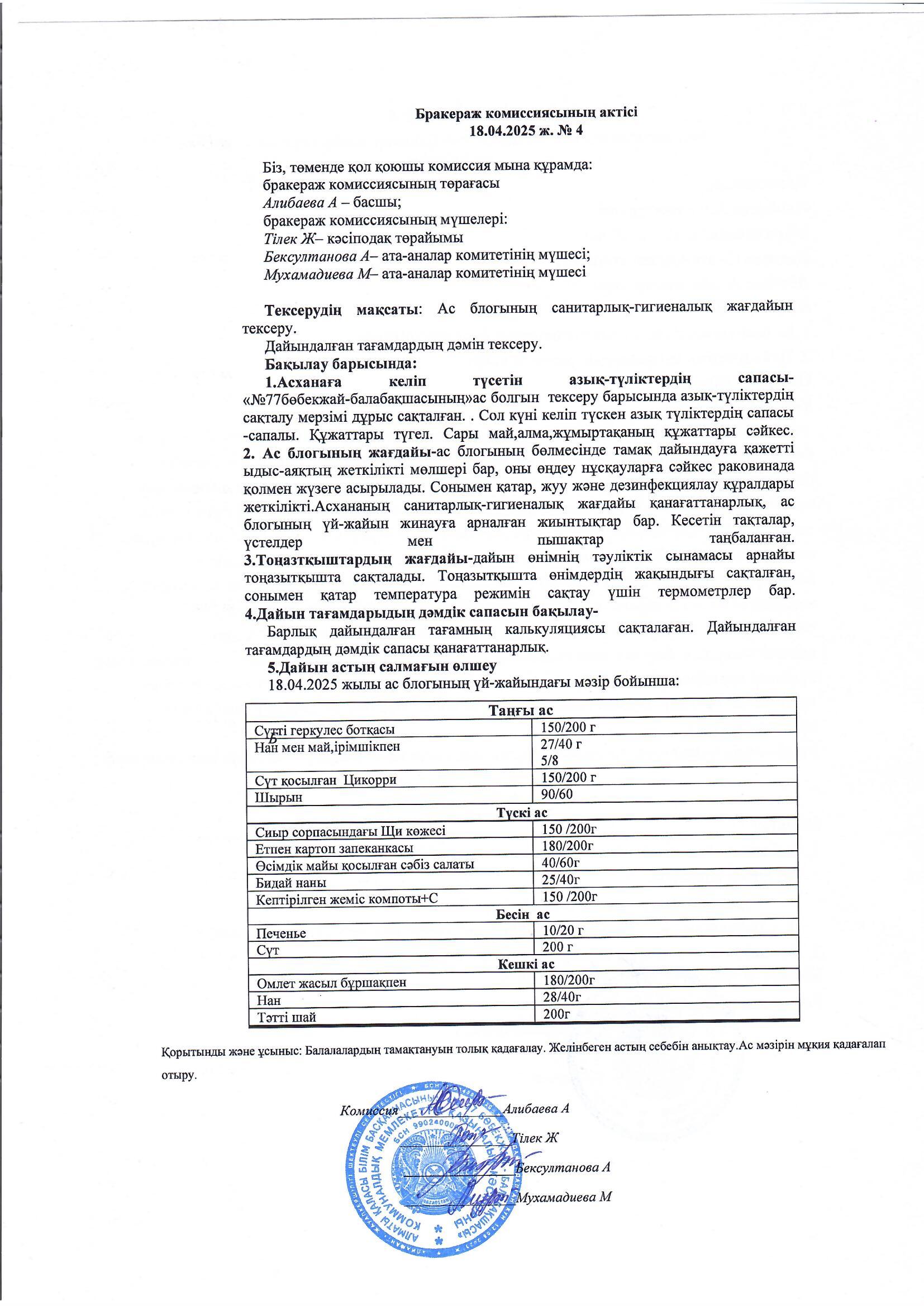 Бракераж актісі , Хаттама №4