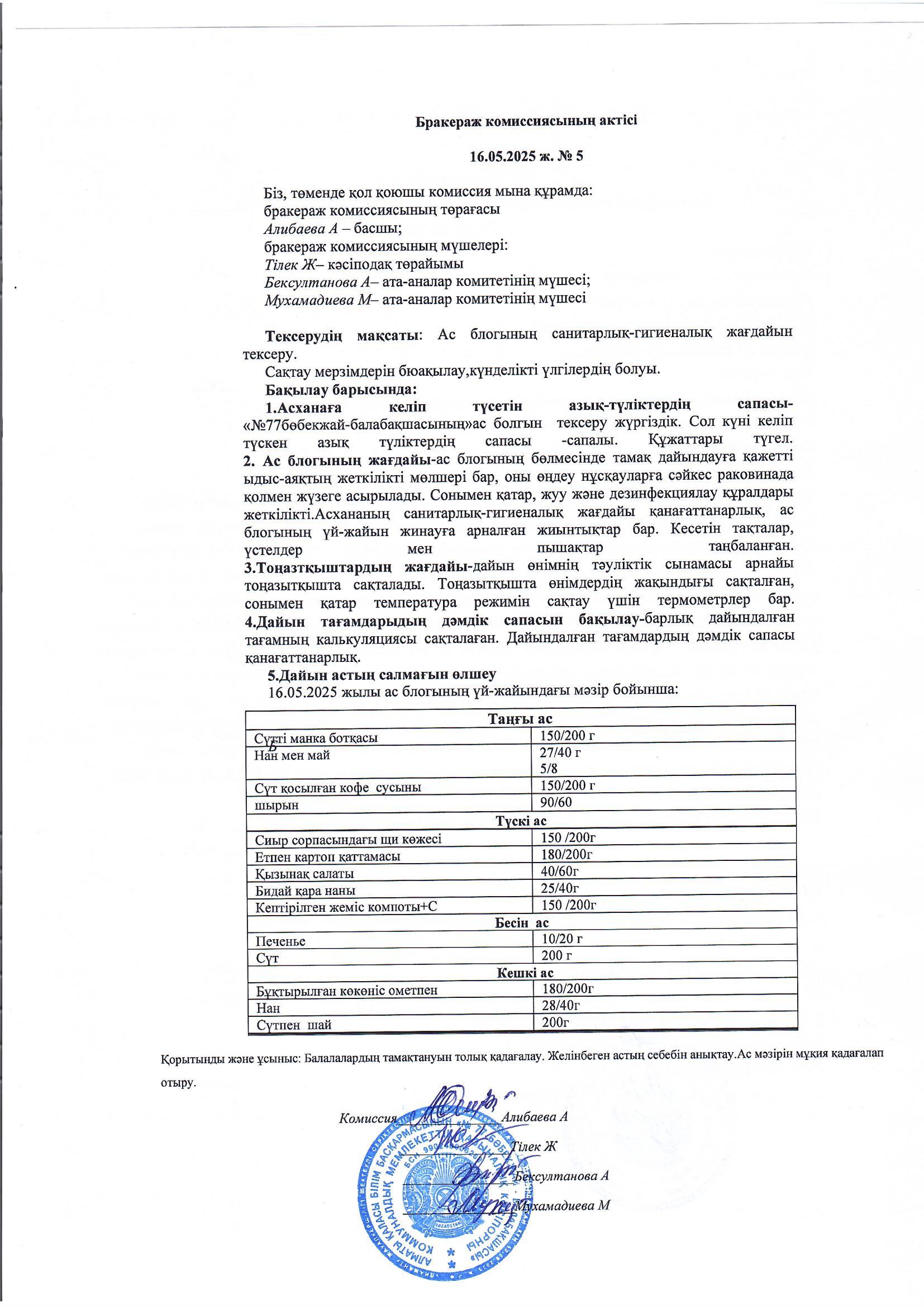 Бракераж актісі, Хаттама №5