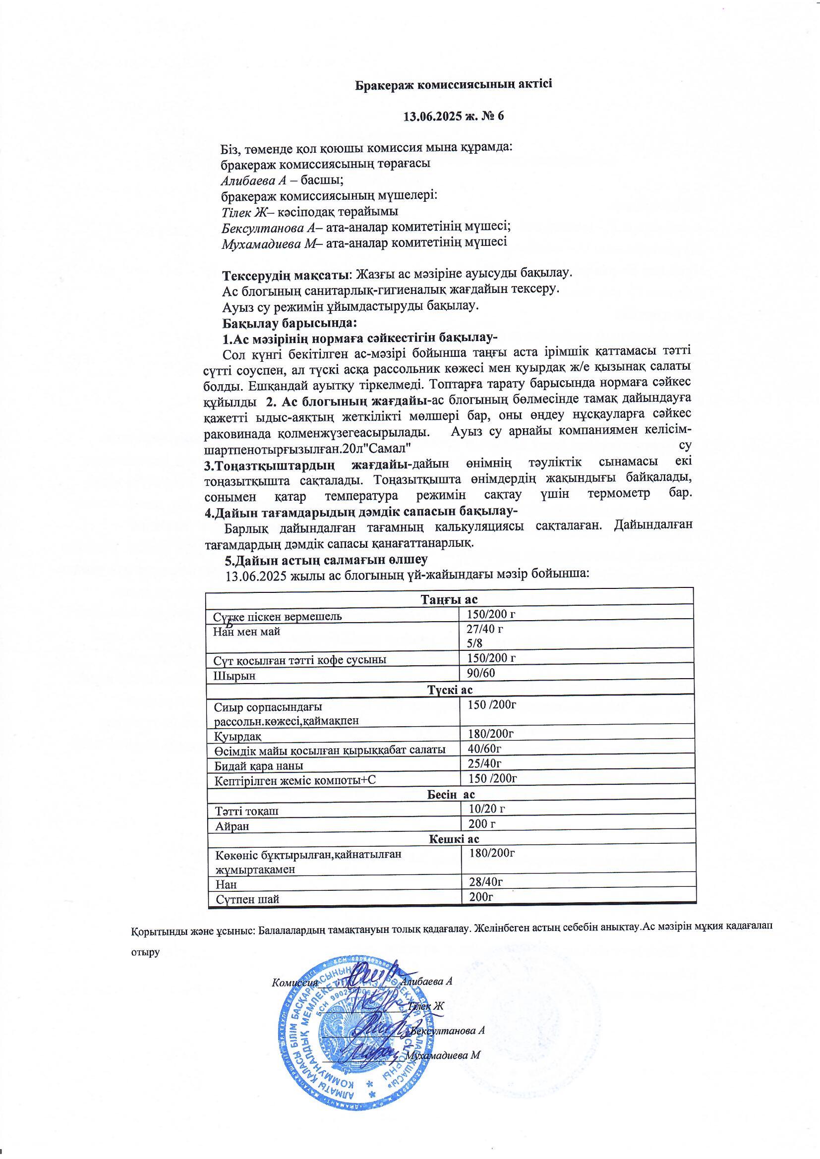 Бракераж актісі, Хаттама №6