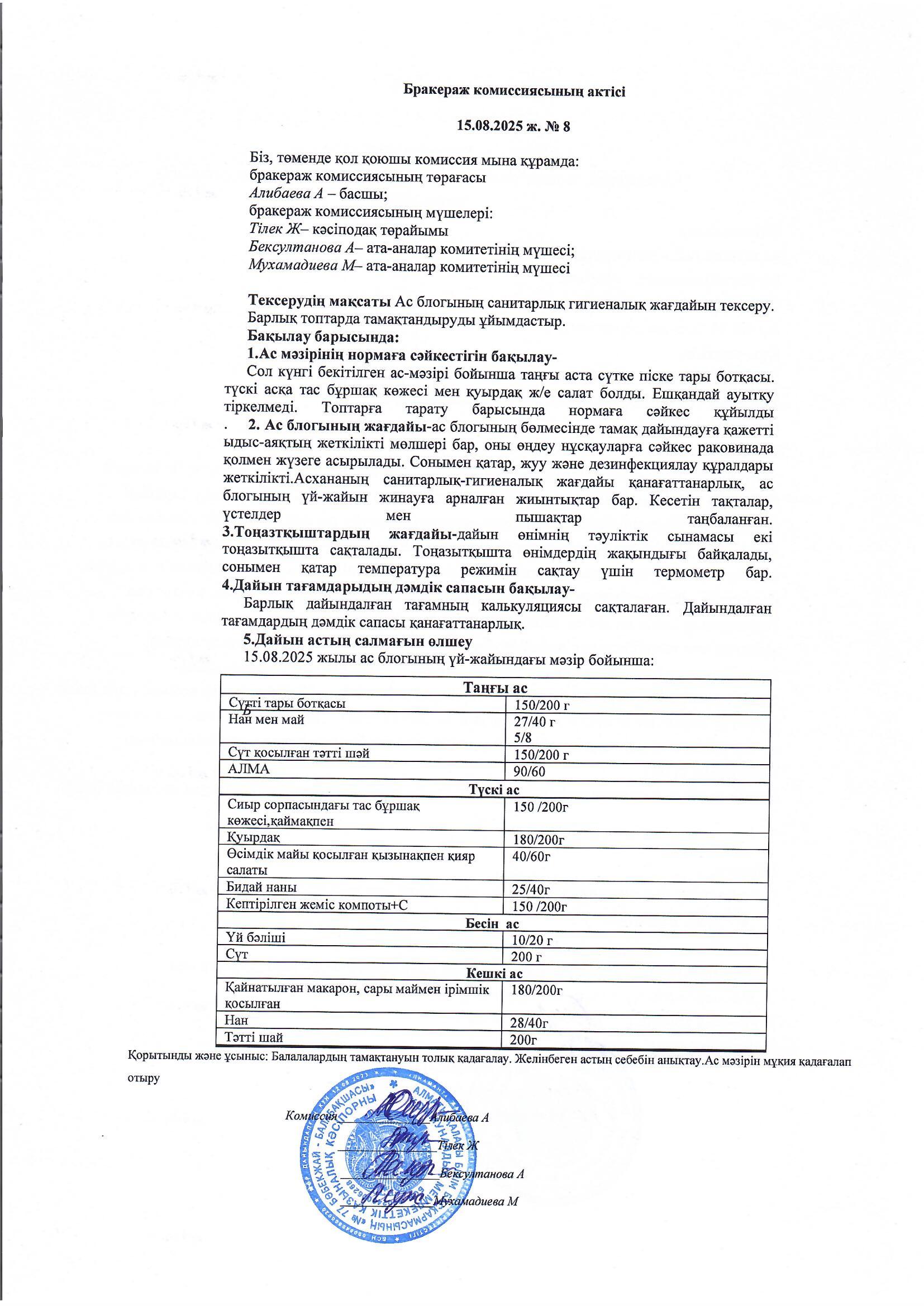 Бракераж актісі, Хаттама № 8