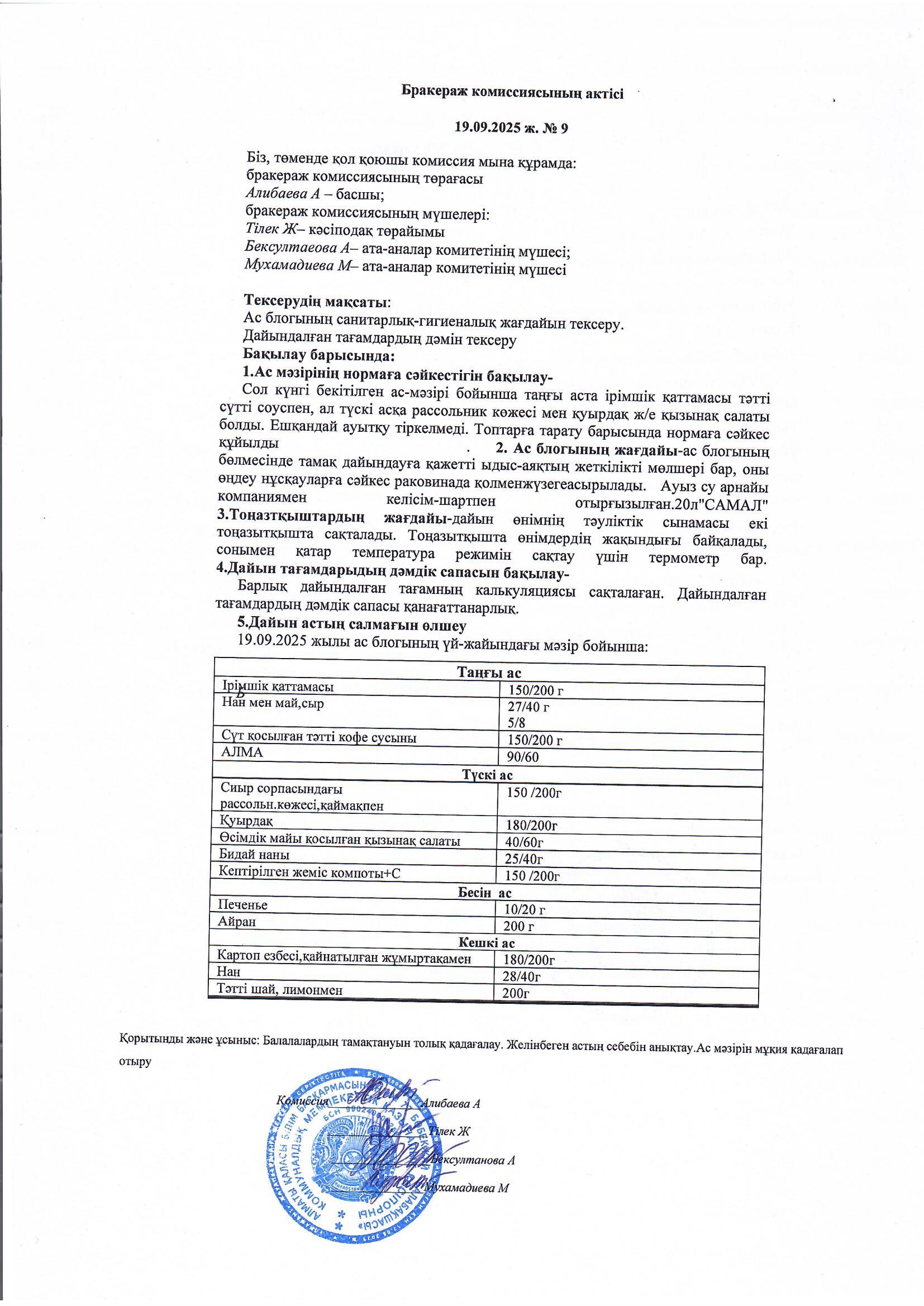 Бракераж актісі, Хаттама № 9
