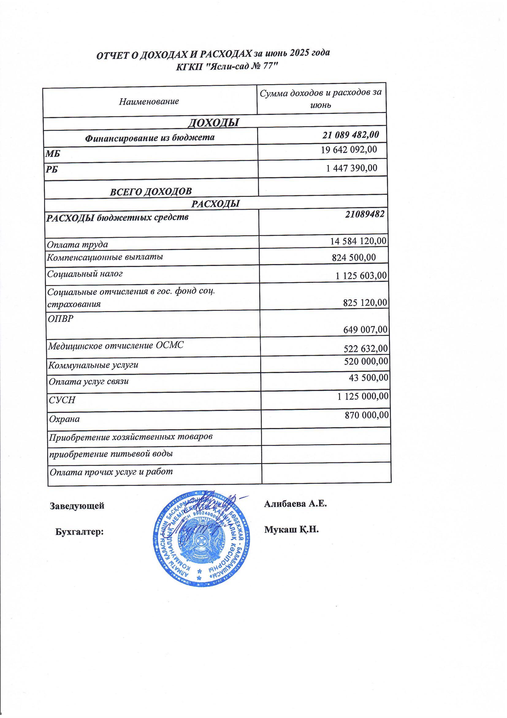 Отчет о доходах и расходах за июнь 2025 г