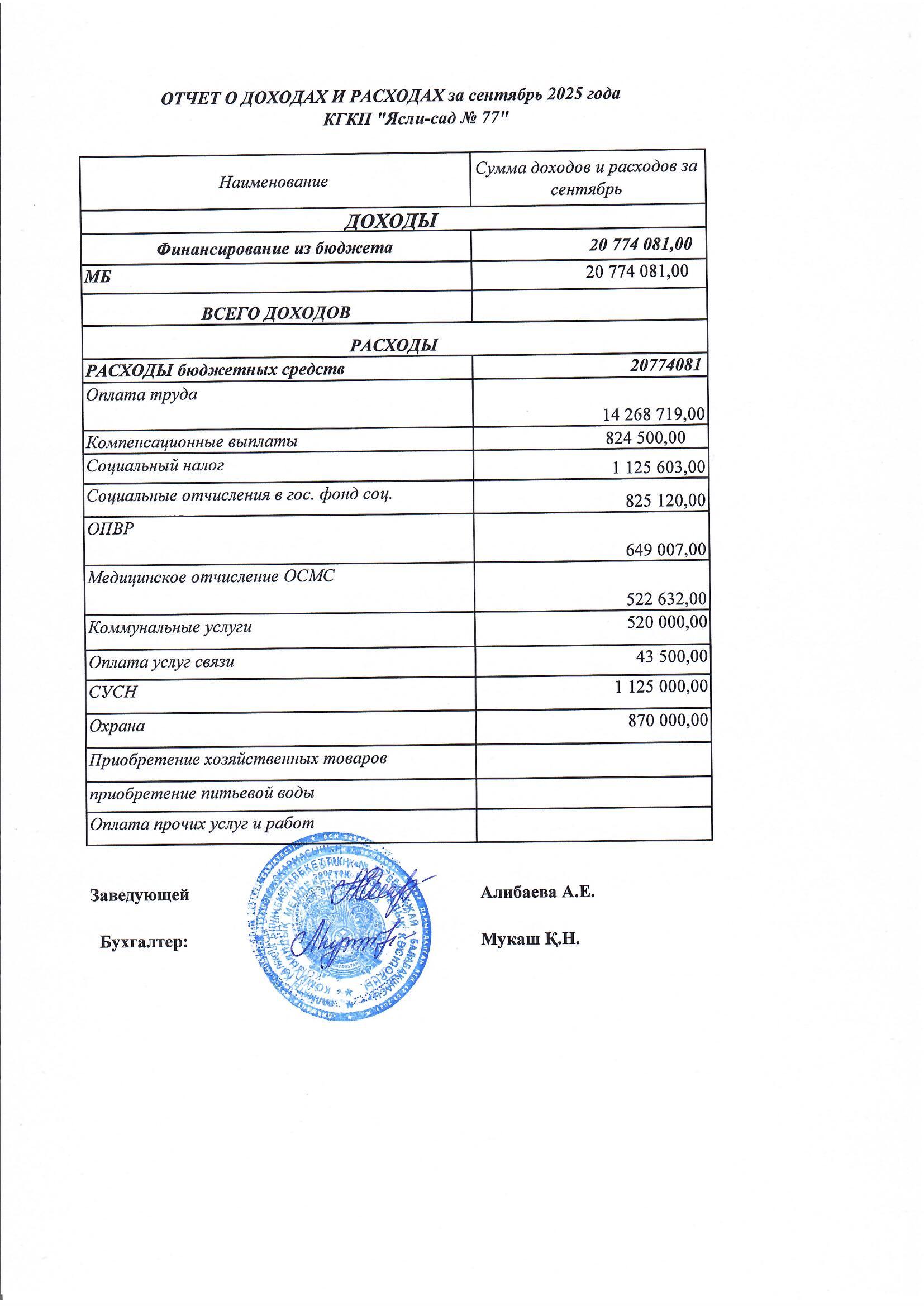 Отчет о доходах и расходах за сентябрь 2025 г